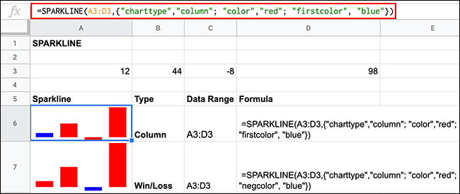 Varias opciones de formato de color para fórmulas SPARKLINE en Hojas de cálculo de Google