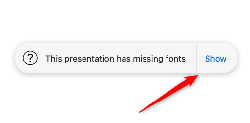Haga clic en "Mostrar" para obtener más información sobre las ventanas emergentes de error en Keynote. 