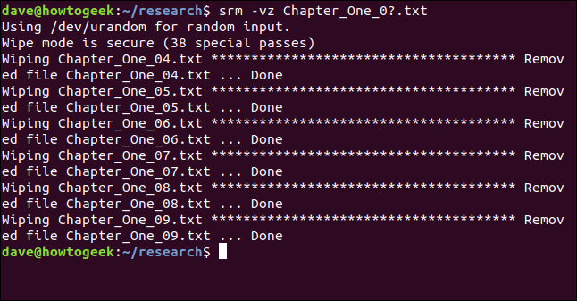 srm limpiando varios archivos en una ventana de terminal