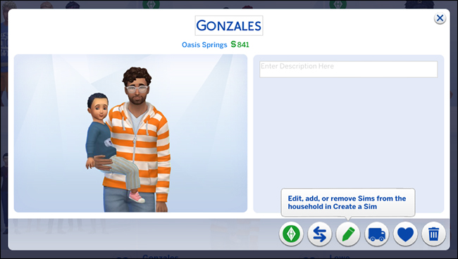 Un hogar que muestra un personaje masculino sosteniendo un personaje de niño en "Los Sims 4".