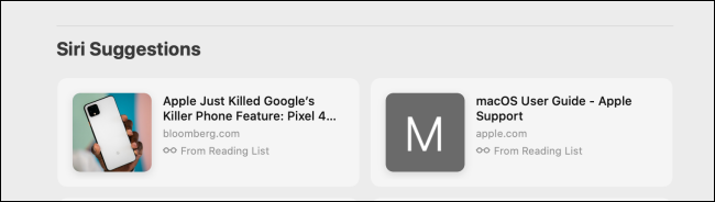 Sección de sugerencias de Siri en Safari en Mac