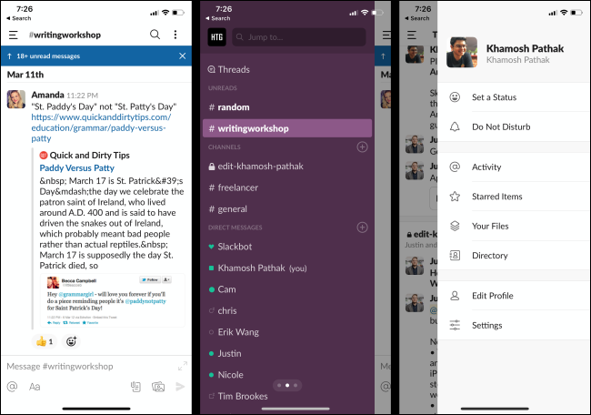 Mensajes, canales y un perfil no leídos en la aplicación Slack de un teléfono.