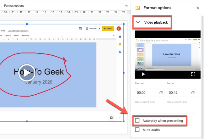 Para reproducir automáticamente el video de grabación de la pantalla, haga clic con el botón derecho, presione Opciones de formato, presione Reproducción de video en el menú lateral, luego haga clic para habilitar la casilla de verificación Reproducción automática al presentar