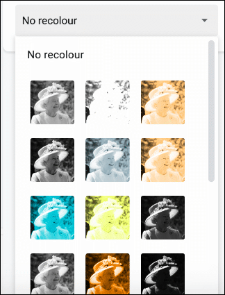 En el menú Opciones de formato en Presentaciones de Google, haga clic en Cambiar color, luego seleccione uno de los filtros de imagen en el menú desplegable para volver a colorear su imagen