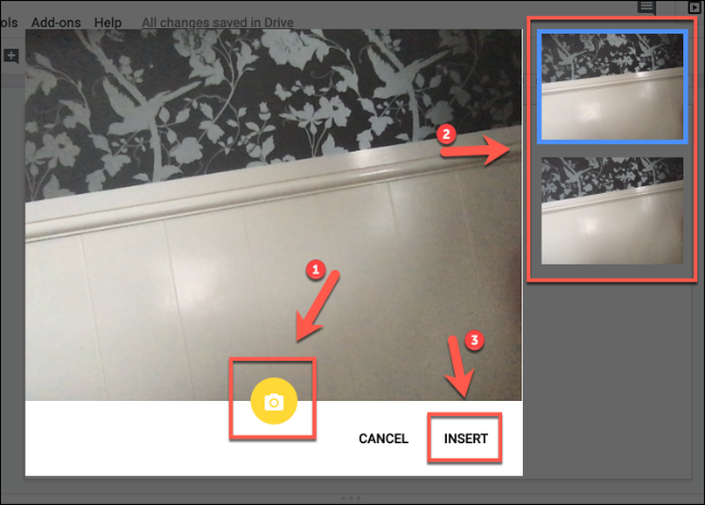 Haga clic en Insertar para insertar imágenes de la cámara en Presentaciones de Google.