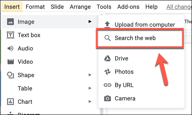 Haga clic en Insertar> Imagen> Buscar en la Web para insertar una imagen utilizando una búsqueda de Google Imágenes en Presentaciones de Google.