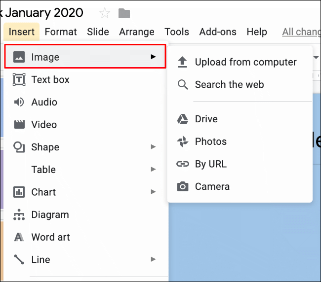 Para insertar una imagen en Presentaciones de Google, haga clic en Insertar> Imagen y seleccione una de las posibles opciones
