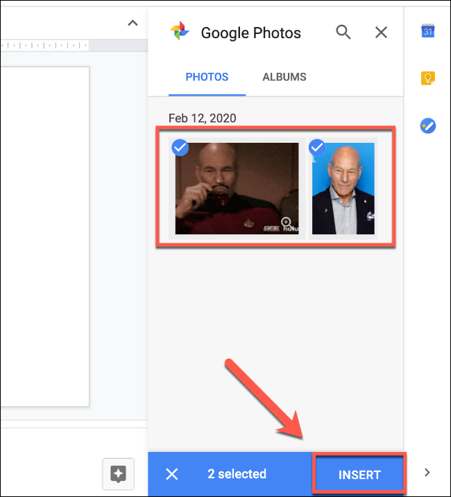 Seleccione sus imágenes usando el menú de Google Fotos, luego haga clic en el botón Insertar para insertarlas en Presentaciones de Google