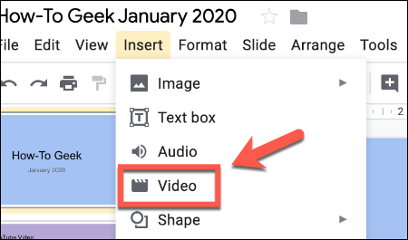 Presione Insertar y luego Video para insertar un video en una presentación de Google Slides