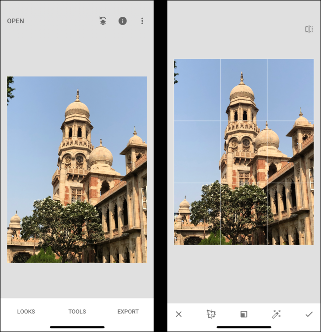 Comparación de la perspectiva del editor de Snapseed