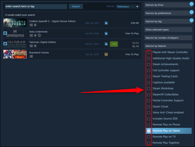 Búsqueda de Steam restringida por función
