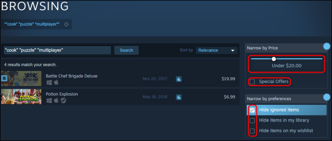 Precio y preferencias de Steam Search