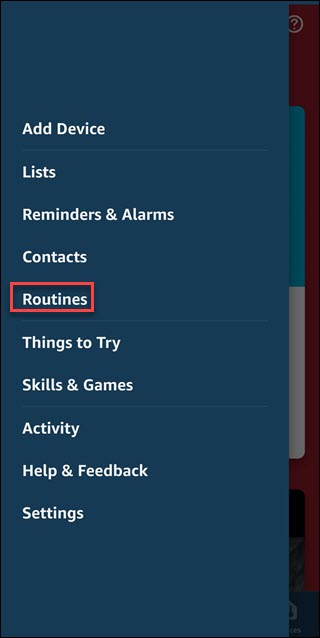 Submenú de Alexa con cuadro alrededor de la opción Rutinas.