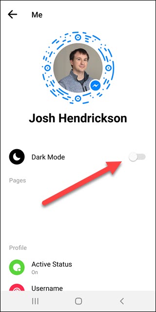 Configuración de la cuenta de la aplicación Messenger con la flecha apuntando al modo oscuro alternar