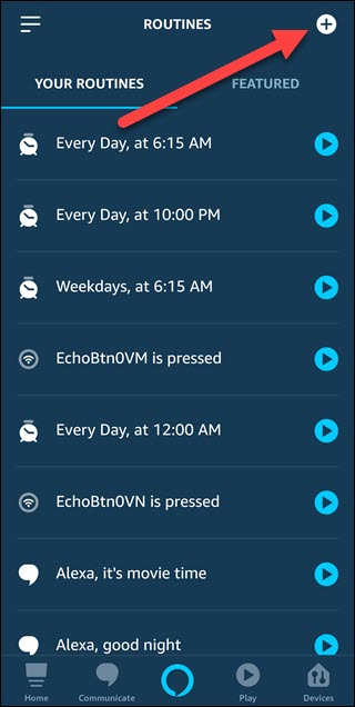 Menú de rutinas de Alexa con la flecha apuntando a Más en la esquina superior derecha.