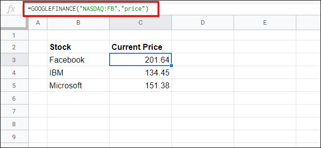 Ejemplo único de Google FInance Sheets