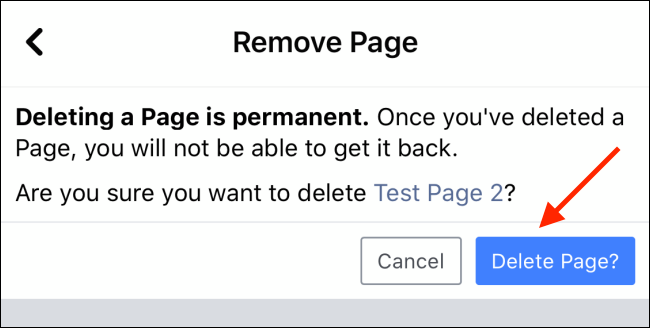 Toque el botón Eliminar página para eliminar su página de Facebook