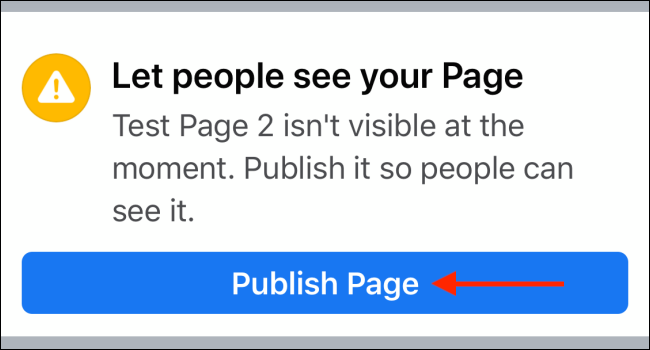 Toque el botón Publicar página de su página de Facebook