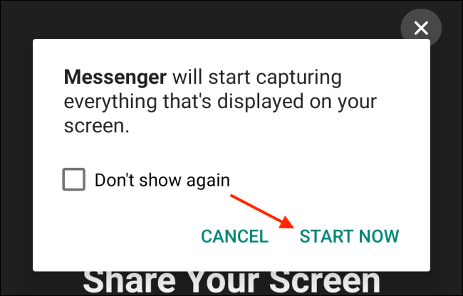 Toca Iniciar ahora en Messenger para Android