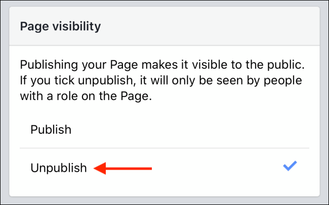 Toque el botón Anular publicación para ocultar su página de Facebook