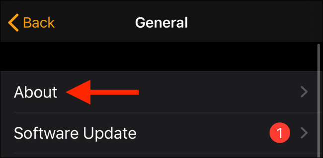 Toque Acerca de en la sección General en la aplicación Watch
