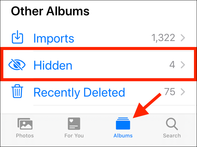 Toque Álbumes y luego toque Oculto para mostrar las fotos ocultas