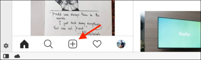 Haga clic en el signo más (+) para agregar una nueva foto al sitio web móvil de Instagram.