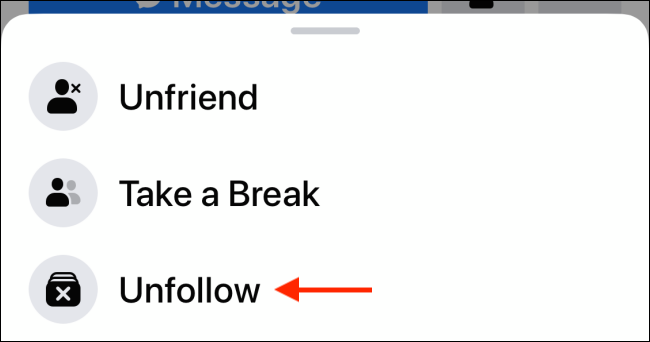 Toque el botón Dejar de seguir en la aplicación de Facebook