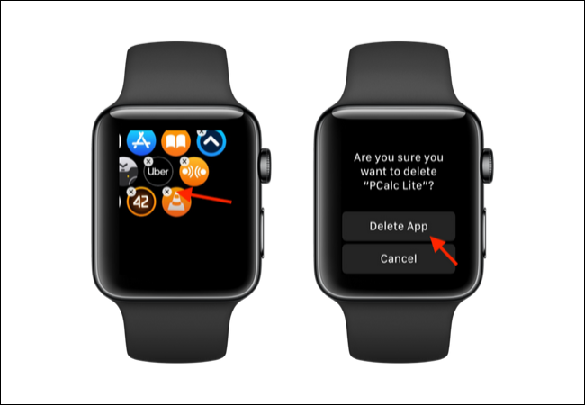 Toque el botón X y luego el botón Eliminar para eliminar una aplicación de Apple Watch