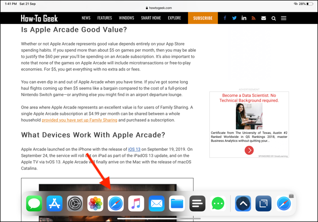 Toque el icono de Safari en el Dock para abrir la aplicación Safari Expose