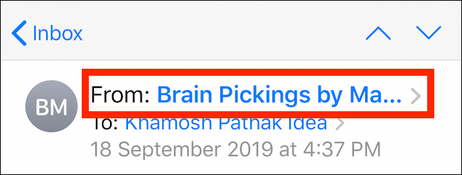 Toque el nombre del remitente en la aplicación Correo