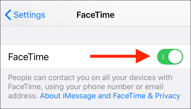 Toque la palanca de FaceTime para desactivar FaceTime en su iPhone o iPad