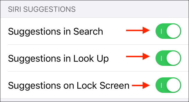 Toque la palanca para deshabilitar las sugerencias de Siri