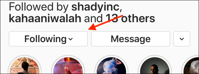 Toque el botón Siguiendo en el perfil de Instagram