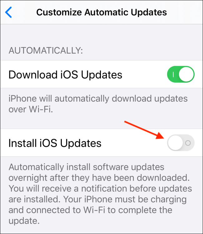 Toque alternar junto a Instalar actualizaciones de iOS