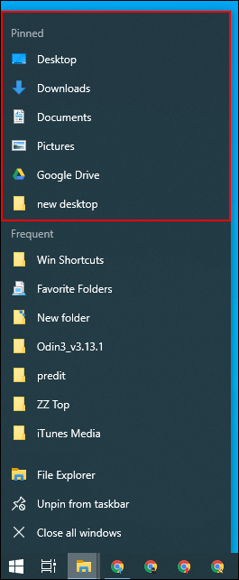 Una lista de salto de la barra de tareas en el Explorador de archivos de Windows.