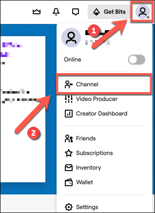 Para acceder a su canal de Twitch, toque el icono del canal en la parte superior derecha.  En el menú desplegable, haga clic en la opción "Canal".