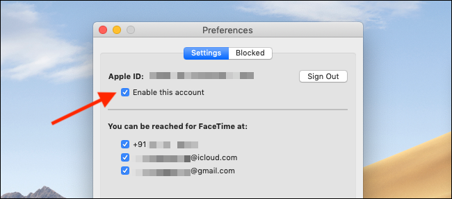 Desmarque el botón Habilitar esta cuenta en Preferencias de FaceTime para deshabilitar FaceTime en una Mac