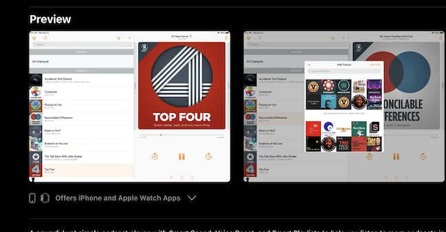Captura de pantalla de Overcast iPad App Store