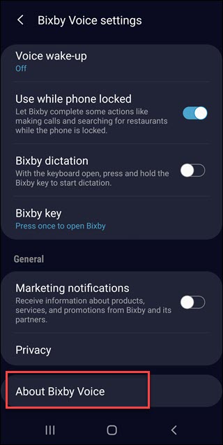 Menú de configuración de Bixby con la llamada "Acerca de Bixby Voice".