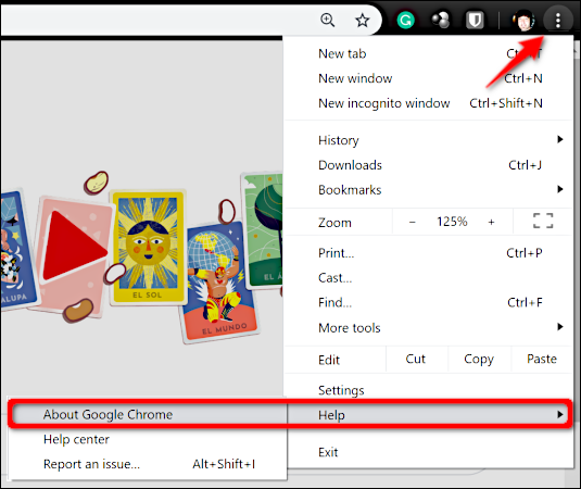 Haga clic en los tres puntos, haga clic en "Ayuda" y luego haga clic en "Acerca de Google Chrome".