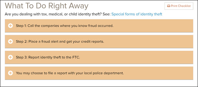 Qué hacer de inmediato si es víctima de una lista de verificación de robo de identidad en el sitio web de la FTC.