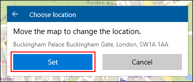 Al crear una ubicación de colecciones de mapas de Windows 10, coloque manualmente su ubicación y luego haga clic en Establecer