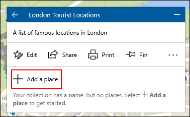 Para agregar una ubicación a una colección de mapas de Windows 10, haga clic en la colección, luego haga clic en Agregar un lugar