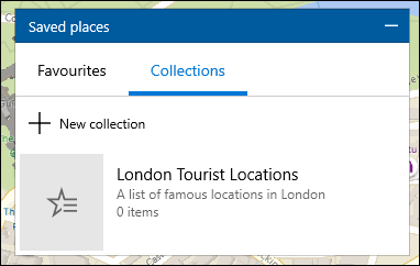 Una lista de colecciones en la aplicación Mapas de Windows 10