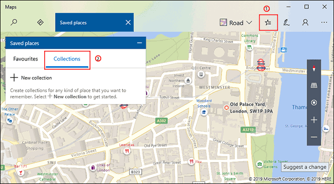 Haga clic en el botón Lugares guardados en Windows 10 Maps, luego haga clic en la pestaña Colecciones
