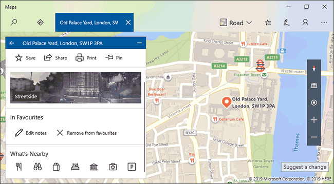 Un ejemplo de una lista de ubicaciones favoritas en Windows 10 Maps