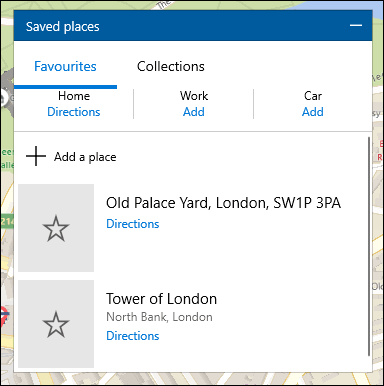 Una lista de ubicaciones guardadas en Windows 10 Maps