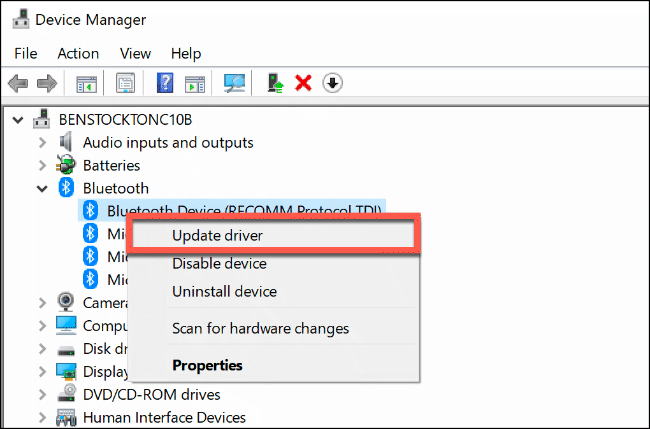 Haga clic en "Actualizar controlador" en "Administrador de dispositivos".