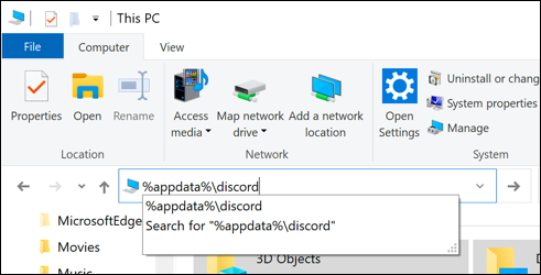 "% appdata% \ discord" en el cuadro de ruta del archivo en el Explorador de archivos de Windows.